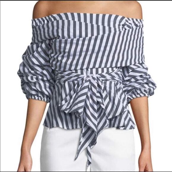 NWT - Haute Rogue Gray White Striped Off Shoulder Top - Picture 8 of 8